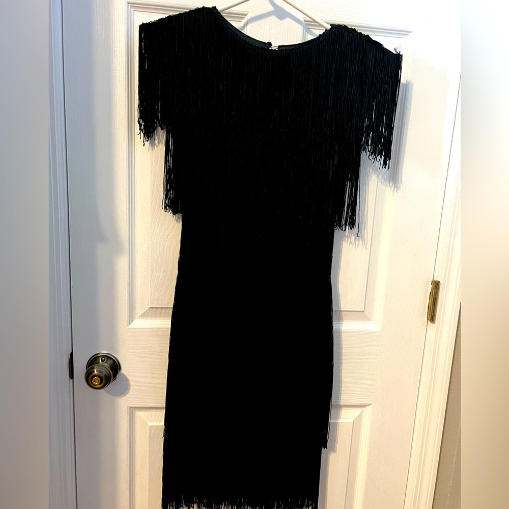 Ladies vintage black fringe cocktail dress sz 6